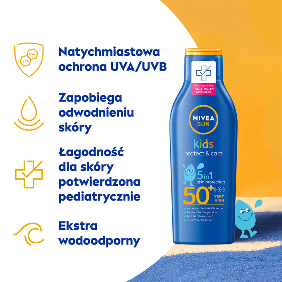 Nivea Sun Kids Protect &amp; Care Set, lozione solare protettiva per bambini 5 in 1, SPF 50+, 200 ml + lozione doposole prolungante, 200 ml + borsa zaino in omaggio