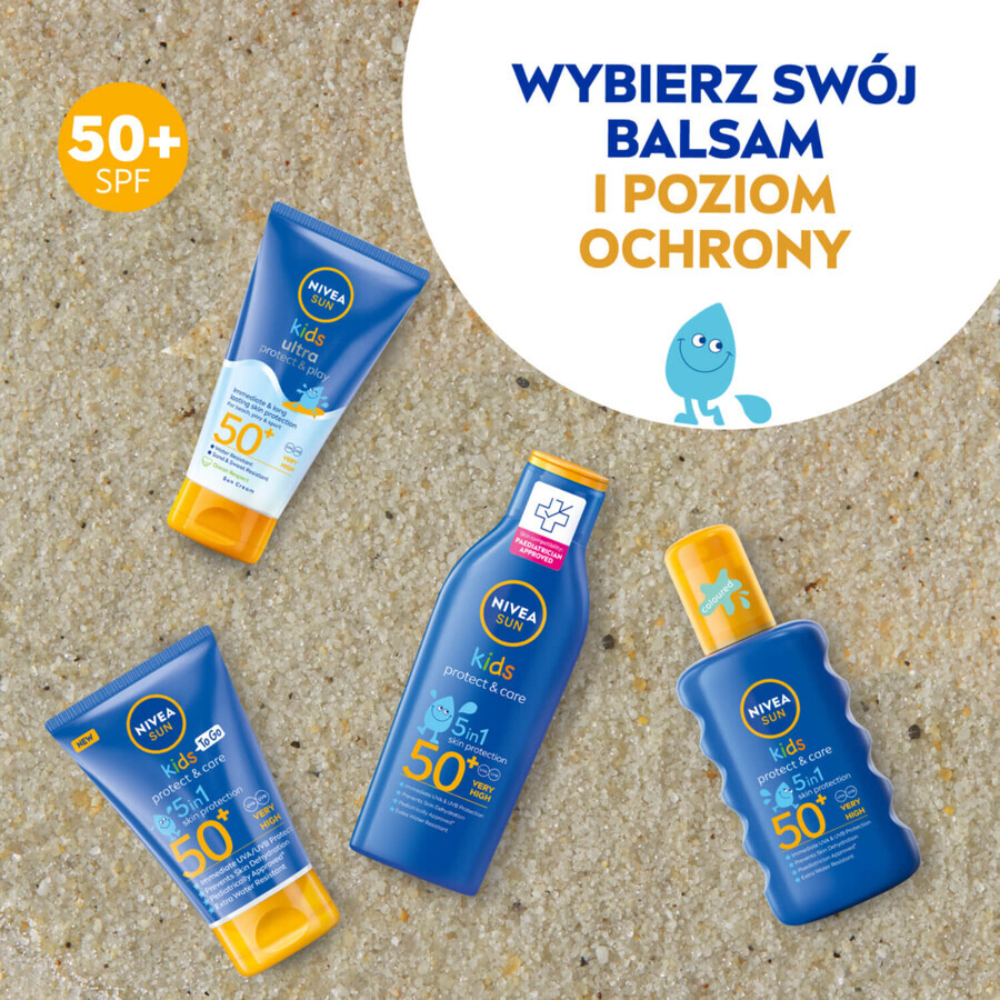 Nivea Sun Kids Protect &amp; Care Set, lozione solare protettiva per bambini 5 in 1, SPF 50+, 200 ml + lozione doposole prolungante, 200 ml + borsa zaino in omaggio