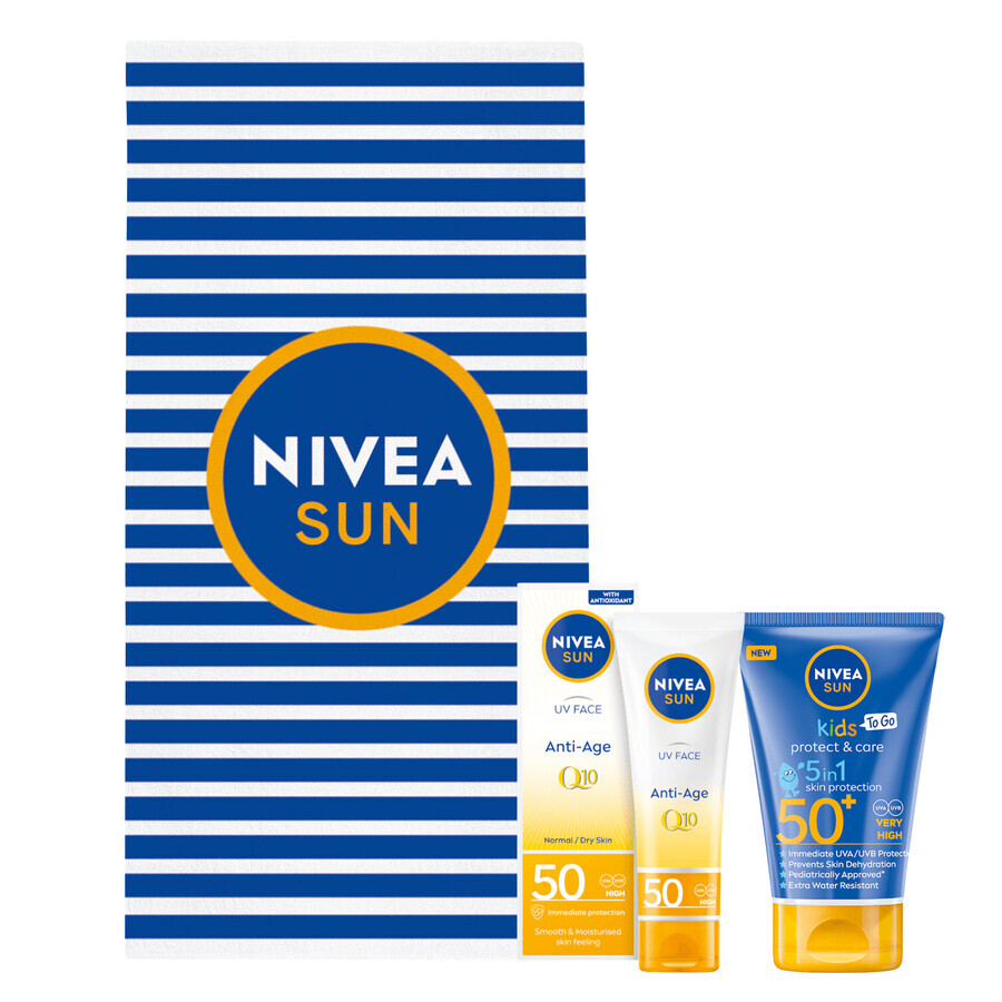 Nivea Sun Kids Protect & Care set, loción solar protectora para niños 5en1, FPS 50+, 50 ml +v crema antiedad de alta protección, FPS 50, 50 ml + toalla de playa gratis