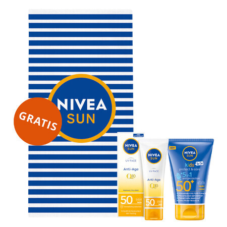 Nivea Sun Kids Protect & Care set, loción solar protectora para niños 5en1, FPS 50+, 50 ml +v crema antiedad de alta protección, FPS 50, 50 ml + toalla de playa gratis