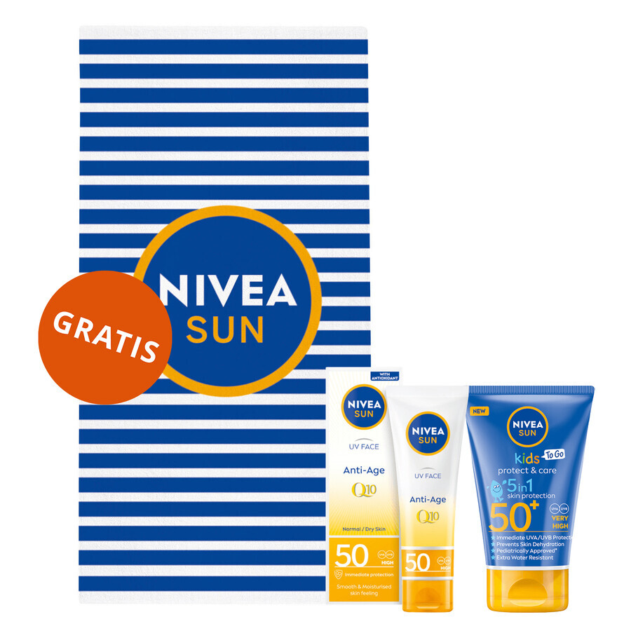 Nivea Sun Kids Protect & Care set, loción solar protectora para niños 5en1, FPS 50+, 50 ml +v crema antiedad de alta protección, FPS 50, 50 ml + toalla de playa gratis