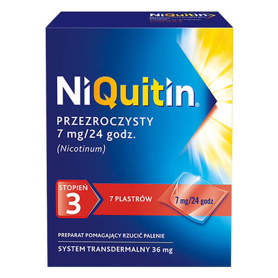 NiQuitin Transparent 7 mg/ 24h, sistem transdermic, plasture, 7 bucăți 