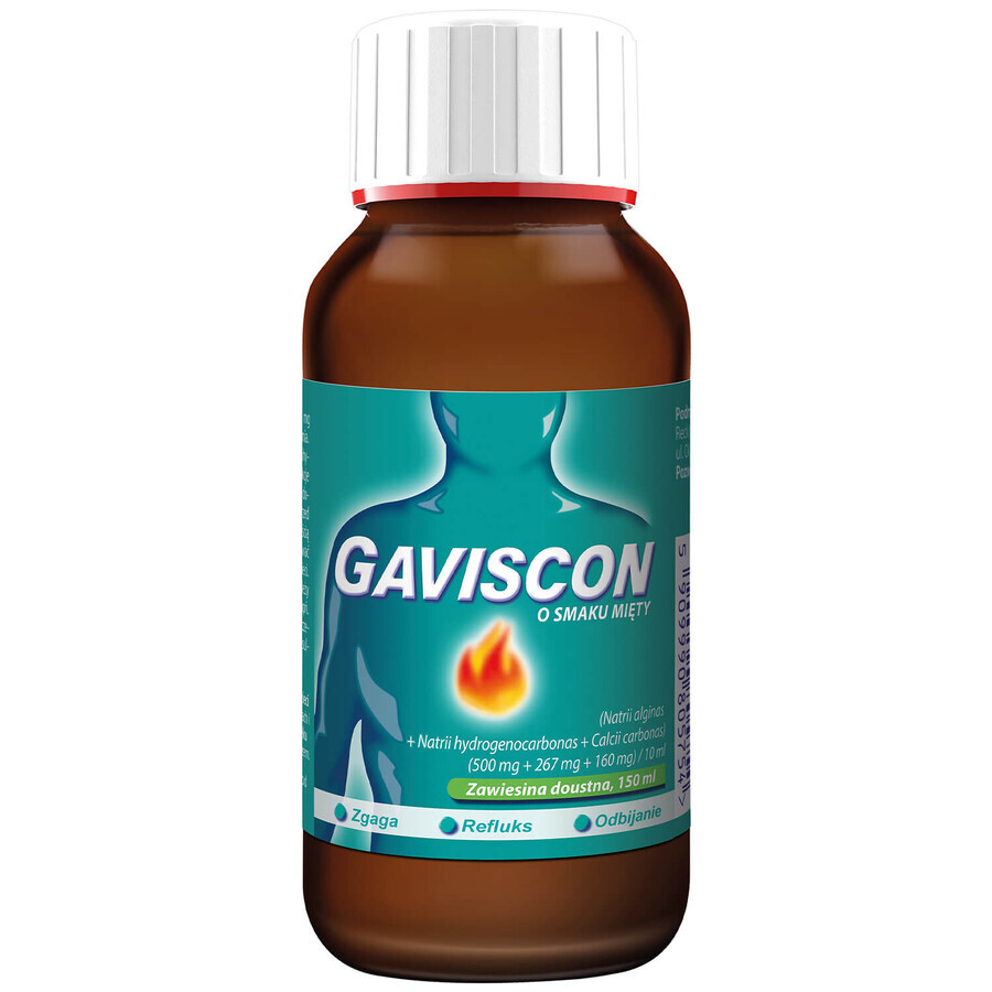 Gaviscon sabor menta (500 mg + 267 mg + 160 mg)/ 10 ml, suspensión oral, 150 ml