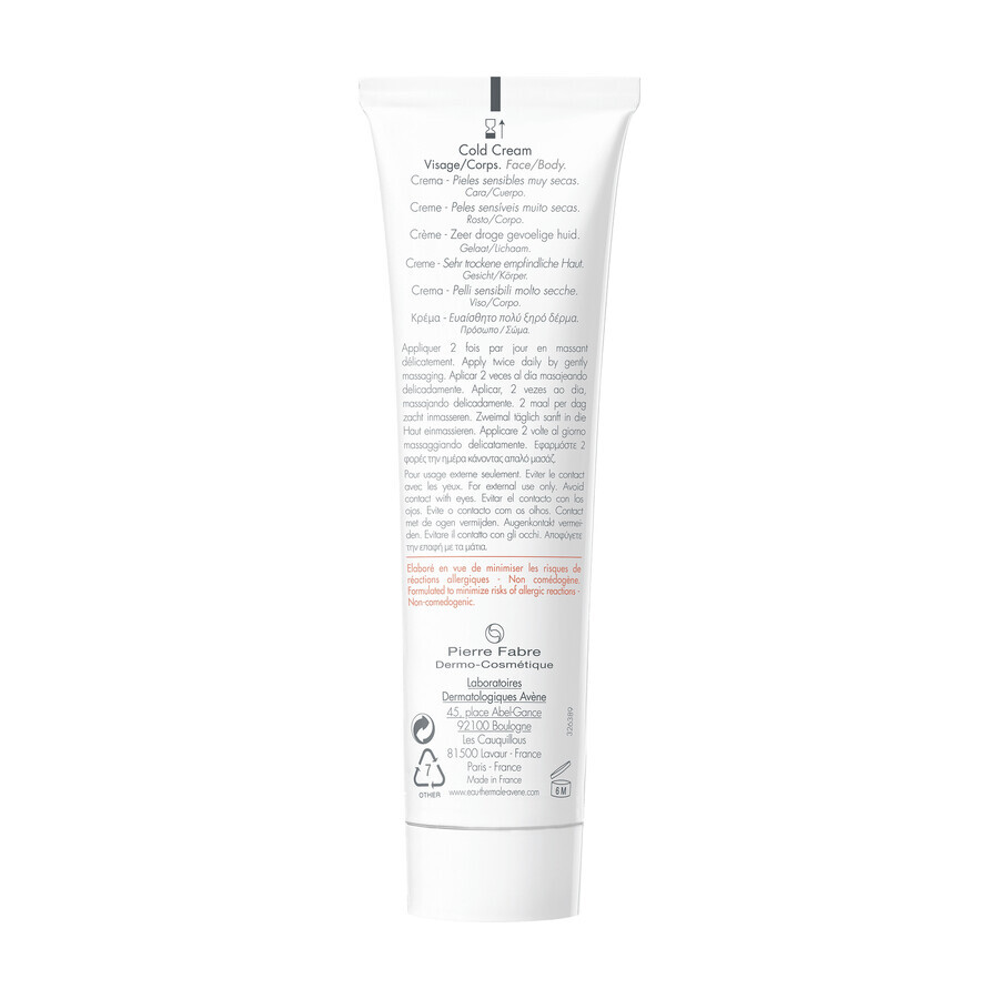 Avene Cold Cream, crema para rostro y cuerpo, pieles sensibles y muy secas, 100 ml