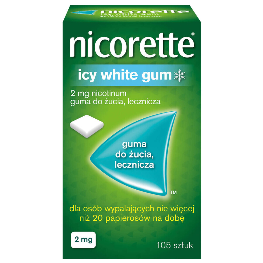 Nicorette Icy White Gum 2 mg, medicated chewing gum, 105 pieces