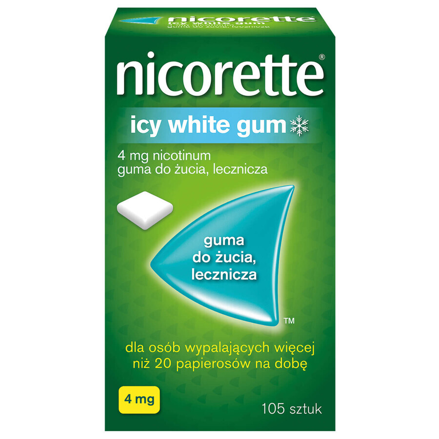 Nicorette Icy White Gum 4 mg, medicated chewing gum, 105 pieces