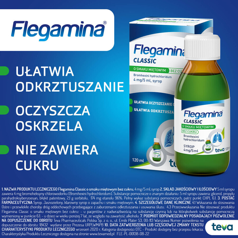 Flegamina Classic muntsmaak suikervrij 4 mg/ 5 ml, siroop, 120 ml