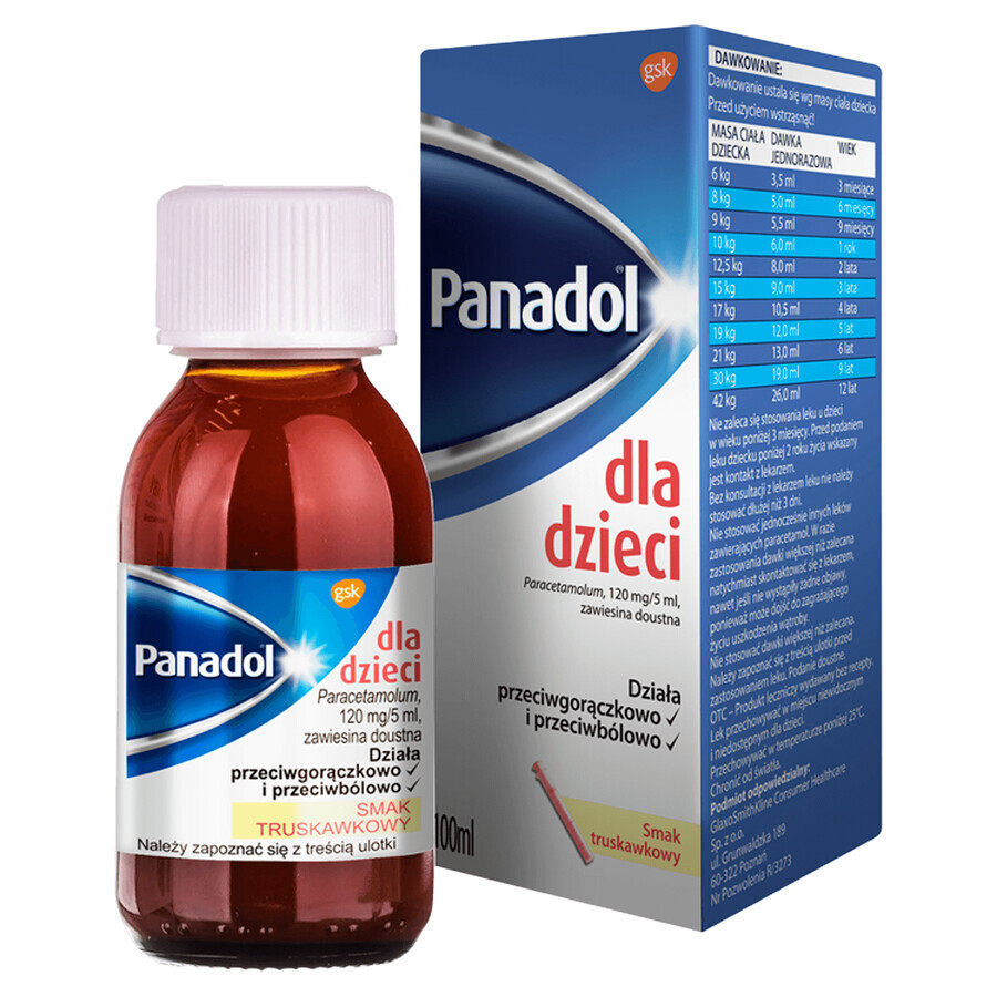 Panadol para niños 120 mg/ 5 ml, suspensión oral, sabor fresa, 100 ml