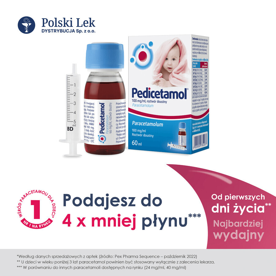 Pedicetamol 100 mg/ ml, solución oral para niños y lactantes desde el nacimiento, 60 ml