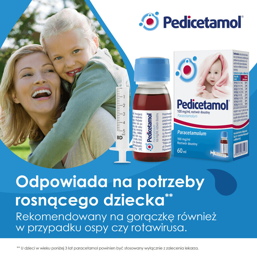 Pedicetamol 100 mg/ ml, solución oral para niños y lactantes desde el nacimiento, 60 ml