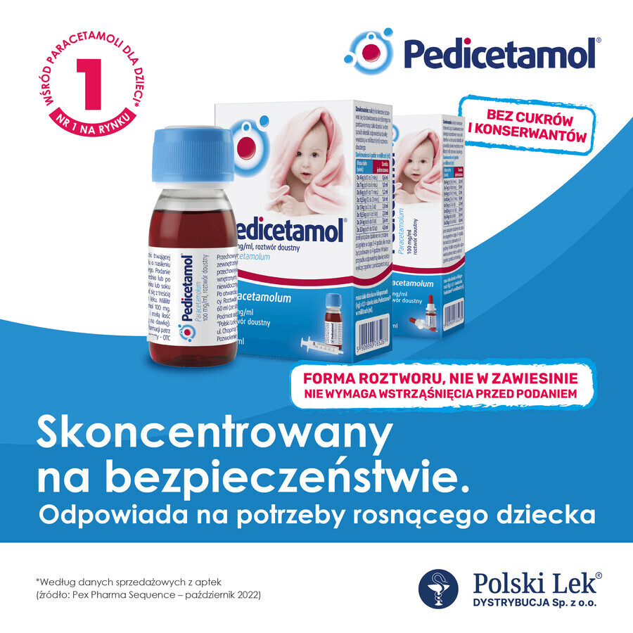 Pedicetamol 100 mg/ ml, solución oral para niños y lactantes desde el nacimiento, 60 ml