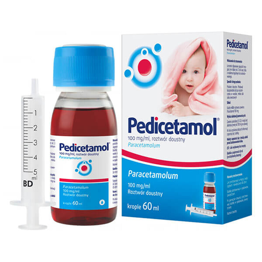 Pedicetamol 100 mg/ ml, solución oral para niños y lactantes desde el nacimiento, 60 ml