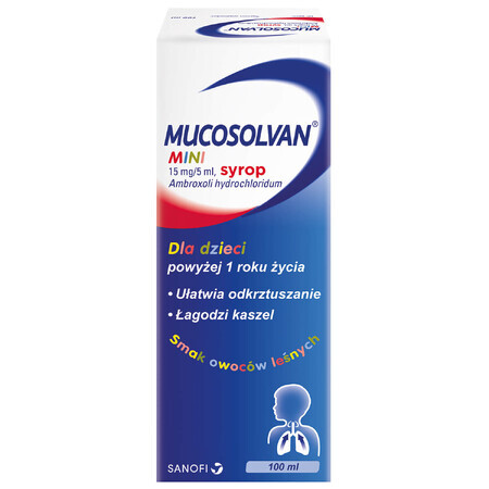 Mucosolvan Mini 15 mg/5 ml, jarabe para niños mayores de 1 año, sabor a frutas del bosque, 100 ml