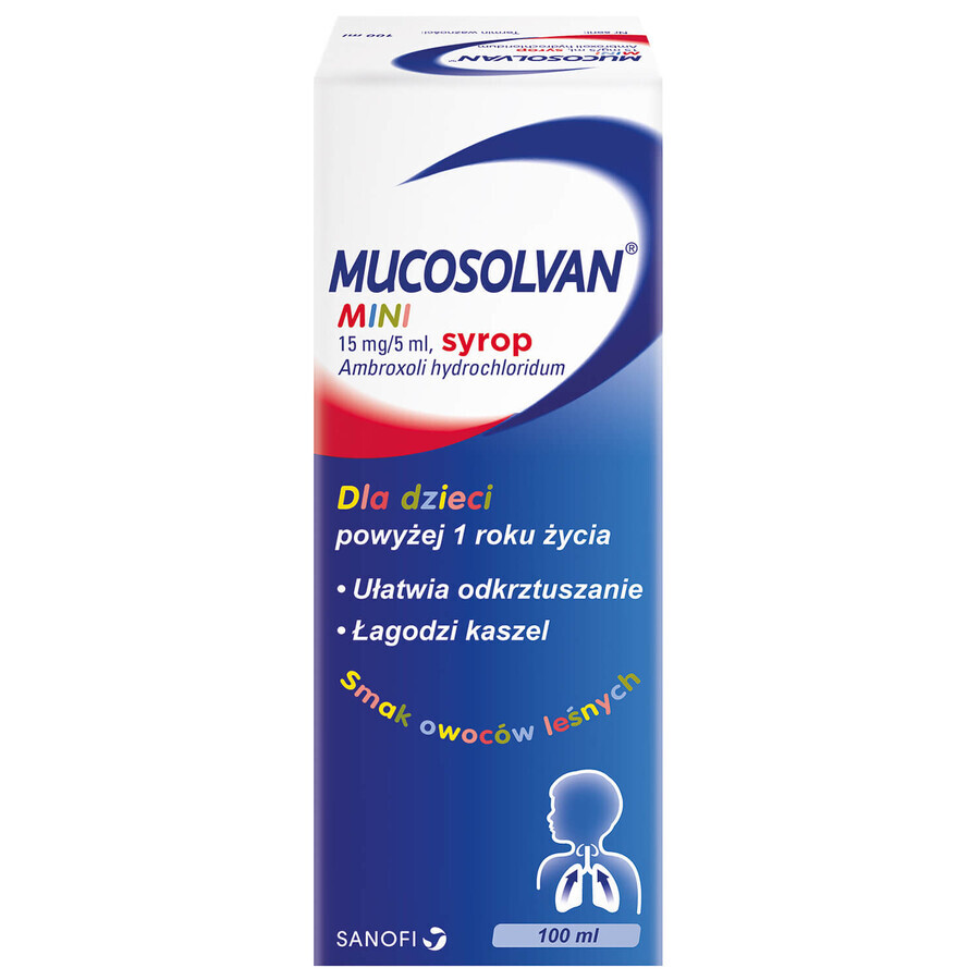 Mucosolvan Mini 15 mg/5 ml, jarabe para niños mayores de 1 año, sabor a frutas del bosque, 100 ml