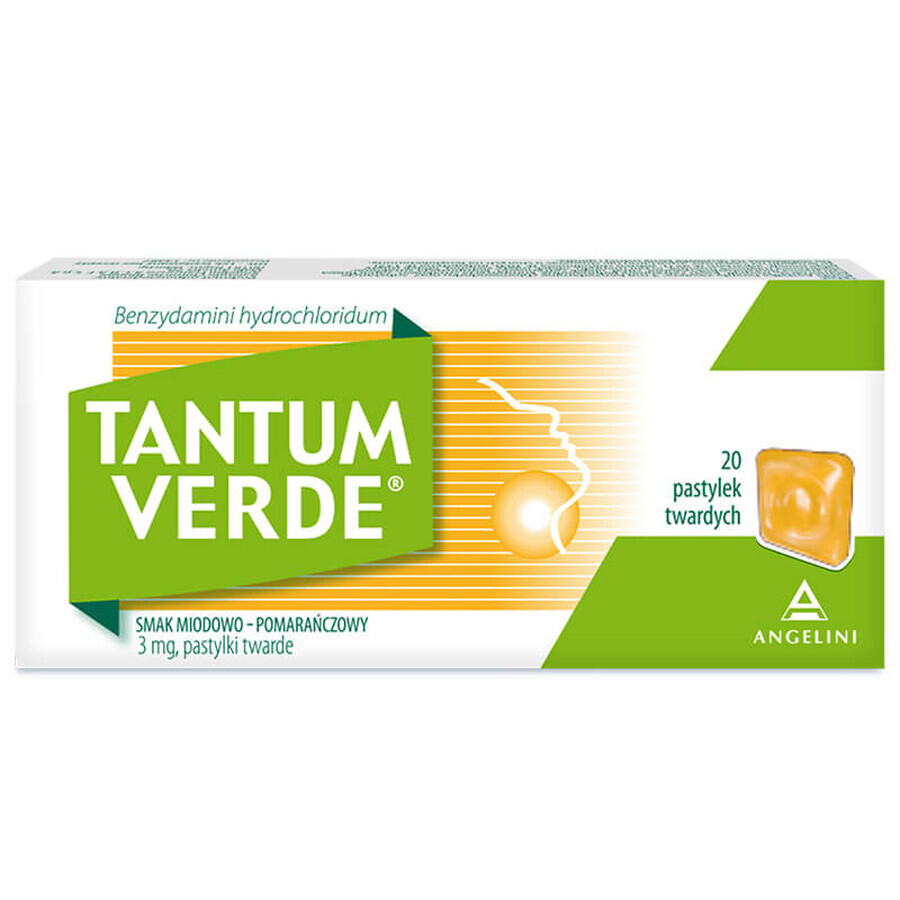 Tantum Verde 3 mg, honey and orange flavor, 20 hard tablets