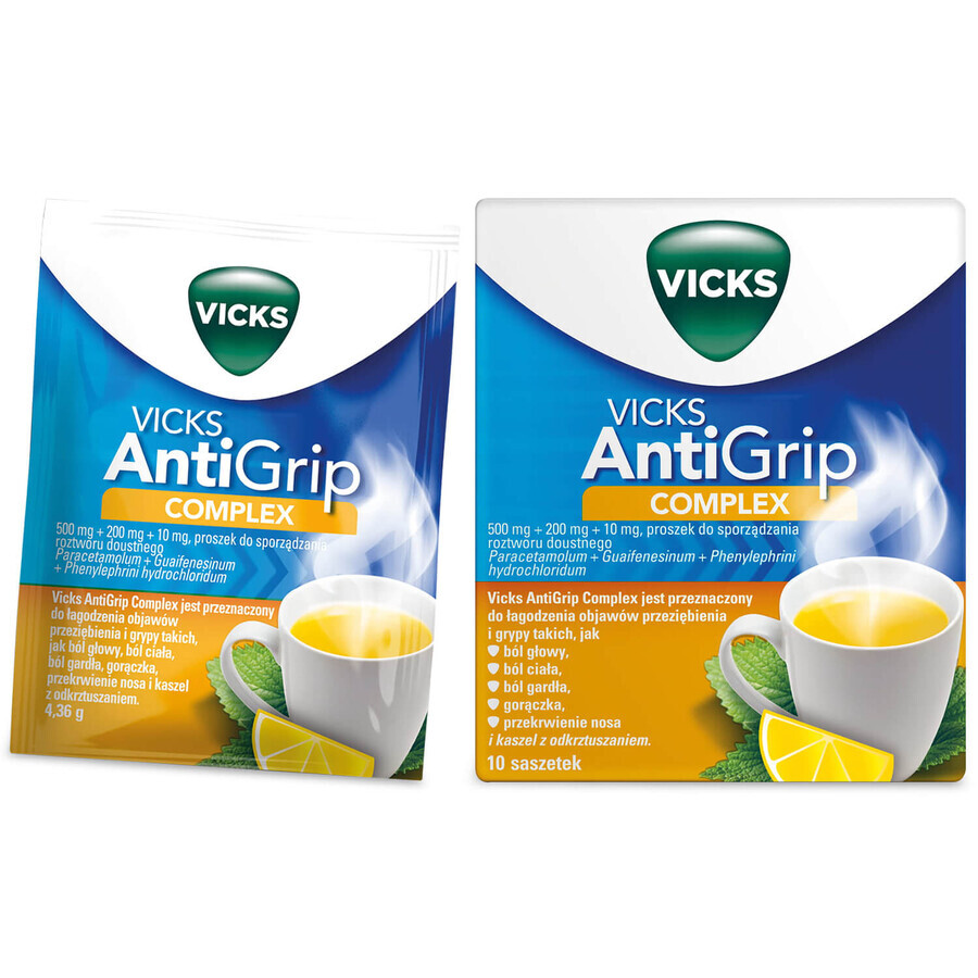 Vicks AntiGrip Complex 500 mg + 200 mg + 10 mg, polvo para solución oral, 10 sobres