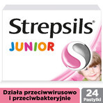 Strepsils Junior 1,2 mg + 0,6 mg, sin azúcar, sabor fresa, 24 pastillas para chupar