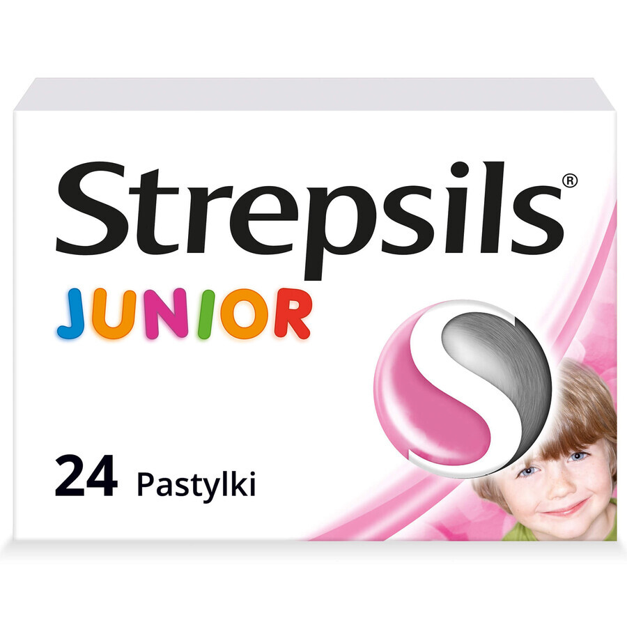 Strepsils Junior 1,2 mg + 0,6 mg, sin azúcar, sabor fresa, 24 pastillas para chupar