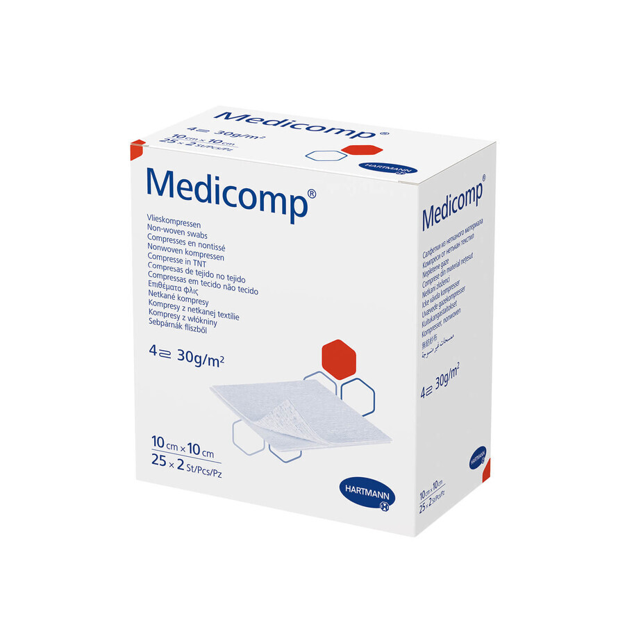 Medicomp, compresas estériles de tejido no tejido, 4 capas, 30 g/m2, 10 cm x 10 cm, 50 unidades