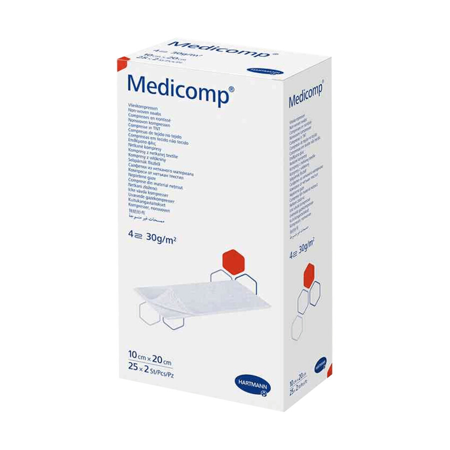 Medicomp, compresas estériles de tejido no tejido, 4 capas, 30 g/m2, 10 cm x 20 cm, 50 unidades