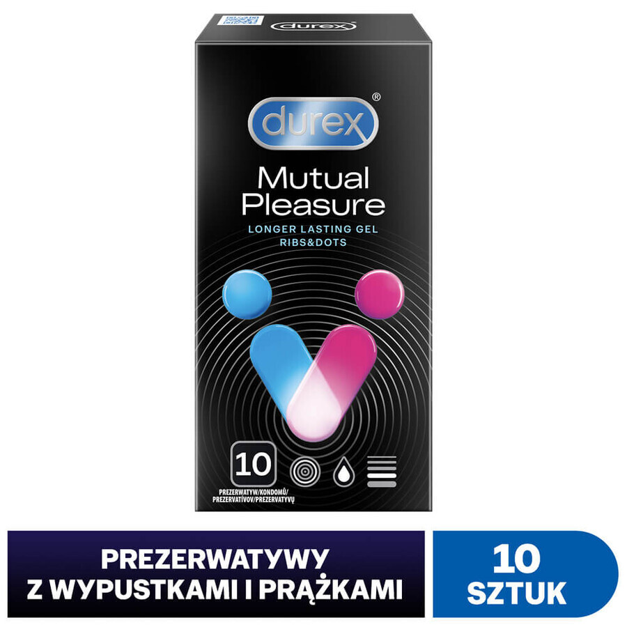 Durex Mutual Pleasure, preservativos con lubricante para prolongar el coito, acanalados con tachuelas, 10 piezas