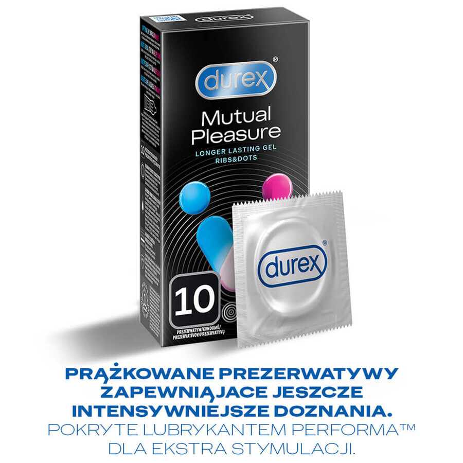 Durex Mutual Pleasure, preservativos con lubricante para prolongar el coito, acanalados con tachuelas, 10 piezas