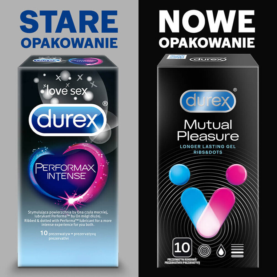 Durex Mutual Pleasure, preservativos con lubricante para prolongar el coito, acanalados con tachuelas, 10 piezas