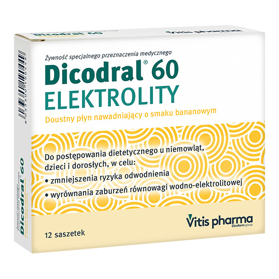 Dicodral 60 Electrolitos, sabor plátano, 12 sobres