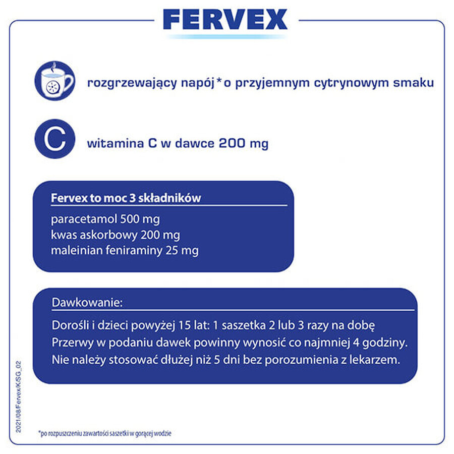 Fervex 500 mg + 200 mg + 25 mg, granulado para solución oral, sabor limón, 8 sobres