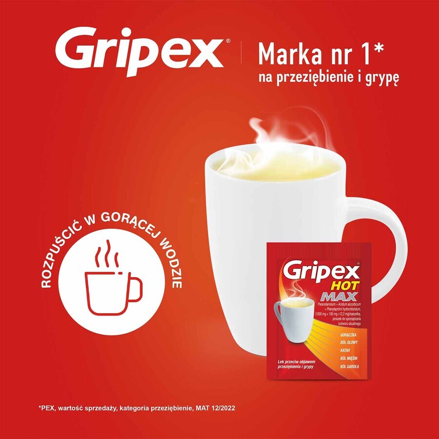 Gripex Hot Max 1000 mg + 100 mg + 12,2 mg, polvo para solución oral, 12 sobres