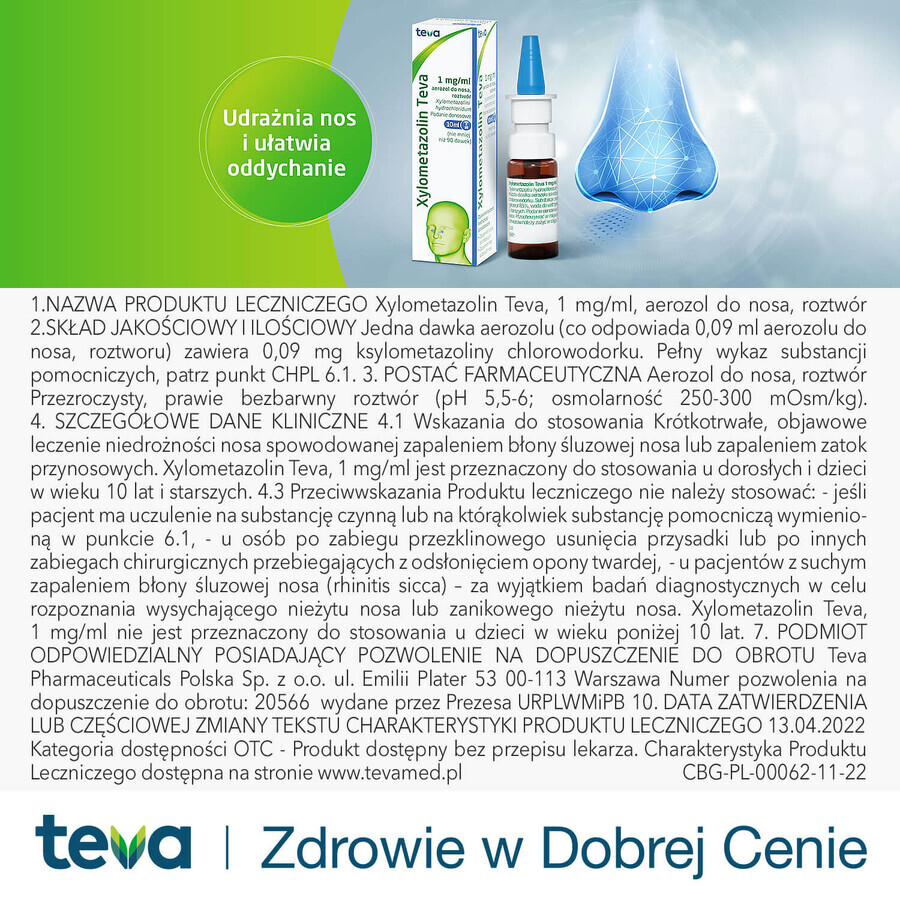 Xilometazolina Teva 1 mg/ ml, aerosol nasal, 10 ml