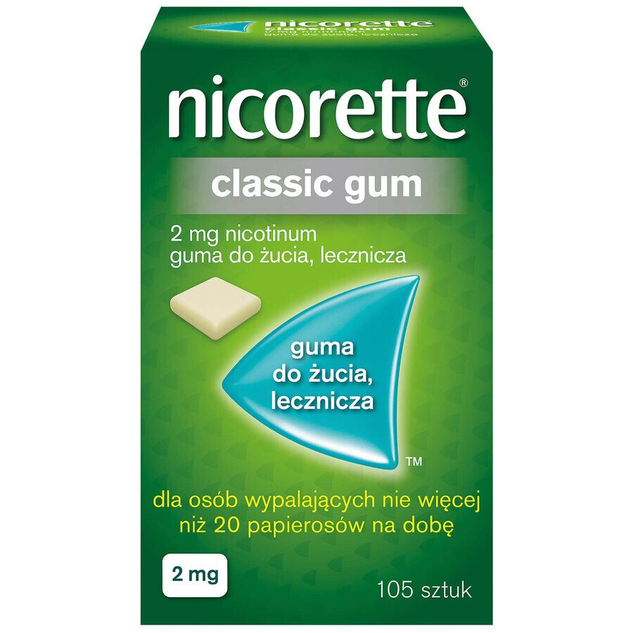 Nicorette Classic Gum 2 mg, medicated chewing gum, 105 pieces