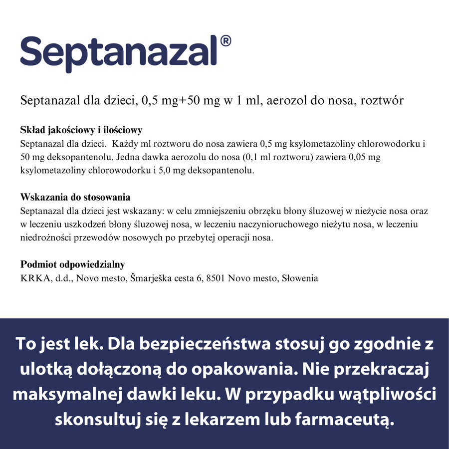 SeptaNazal para niños (0,5 mg + 50 mg)/ ml, spray nasal, de 2 a 6 años, 10 ml