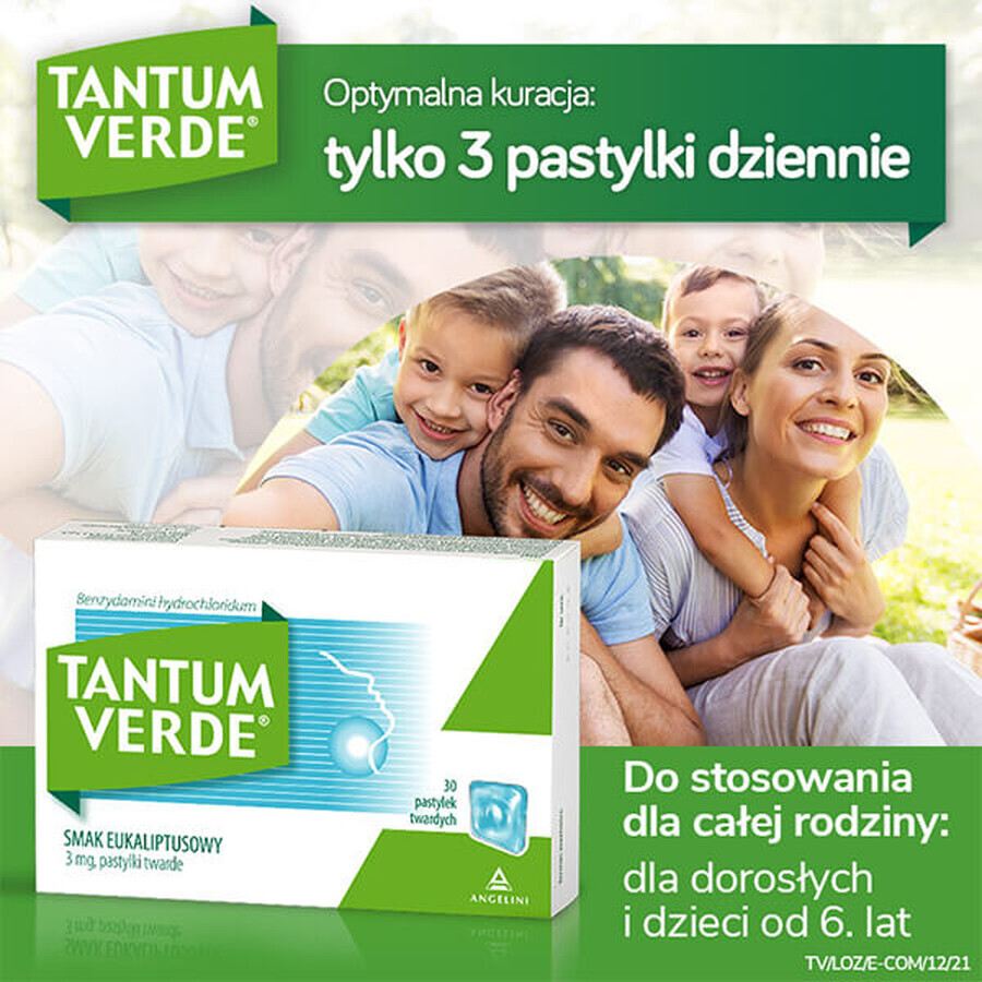 Tantum Verde 3 mg, eucalyptus flavor, 30 hard tablets