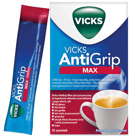 Vicks AntiGrip Max 1000 mg + 16 mg + 4 mg, granulado para solución oral, 10 sobres