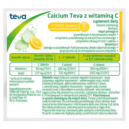 Calcio Teva con vitamina C, sabor naranja, 14 comprimidos efervescentes