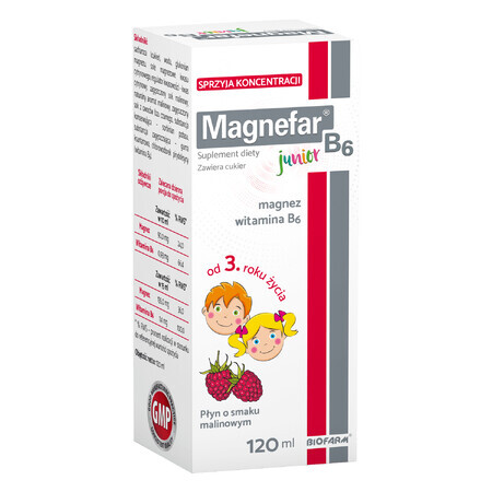 Magnefar B6 Junior, lichid pentru copii de la 3 ani și adulți, aromă de zmeură, 120 ml