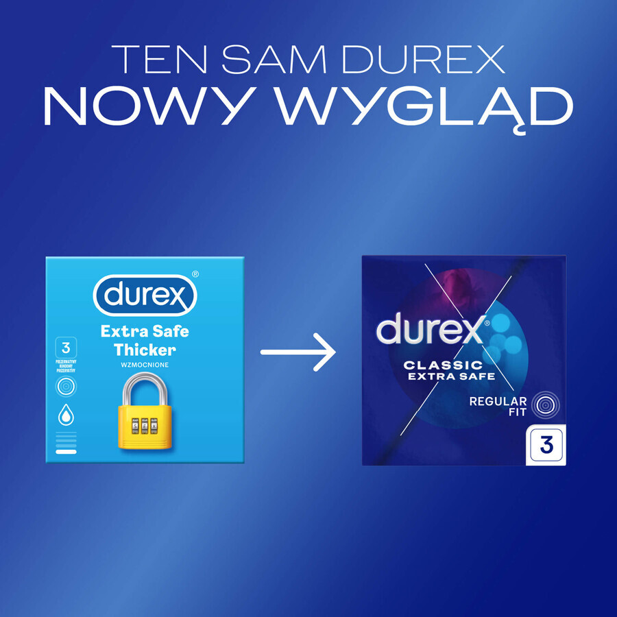 Durex Extra Safe, preservativos con más lubricación, reforzados, 3 piezas