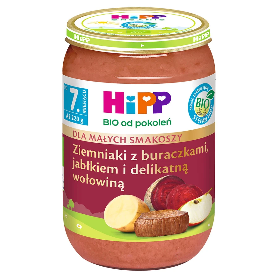 Farfurie HiPP Bio, cartofi cu sfeclă roșie, măr și carne de vită fragedă, după 7 luni, 220 g