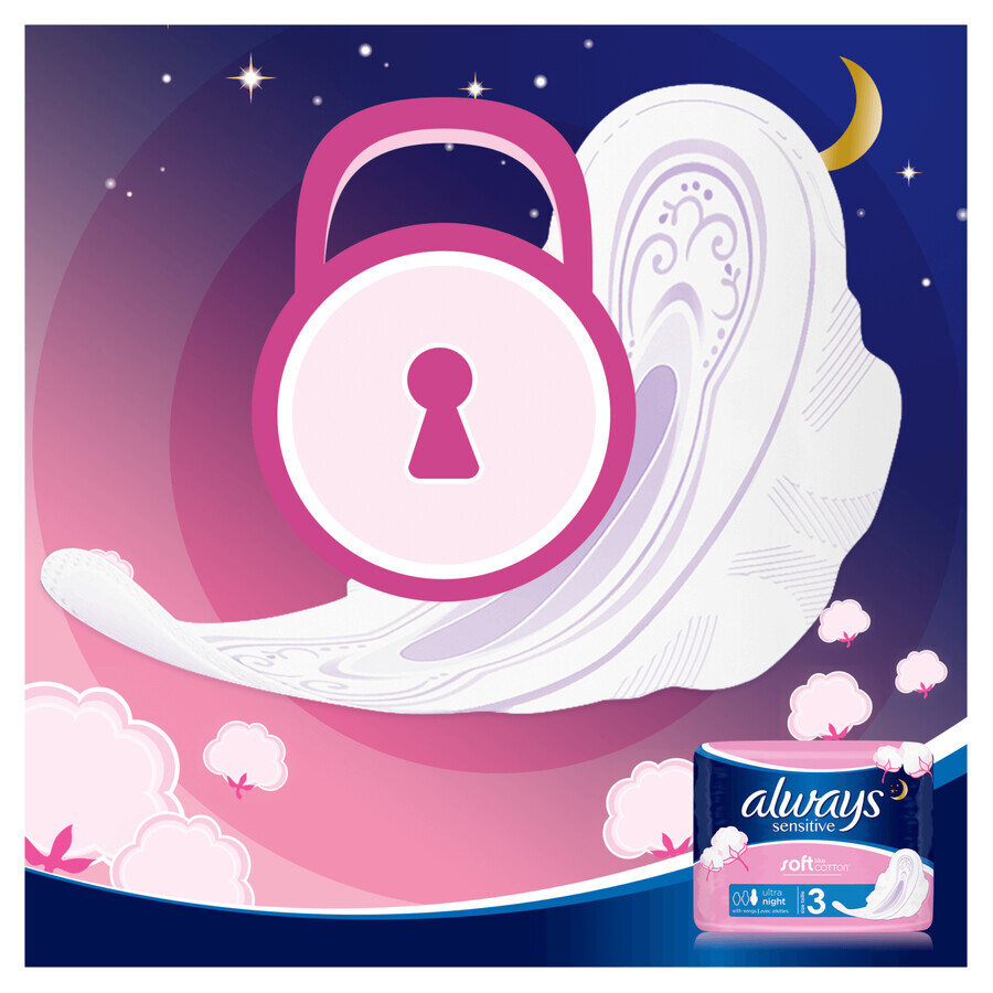 Always Ultra Night Sensitive, serviettes hygiéniques avec ailettes, 14 pièces