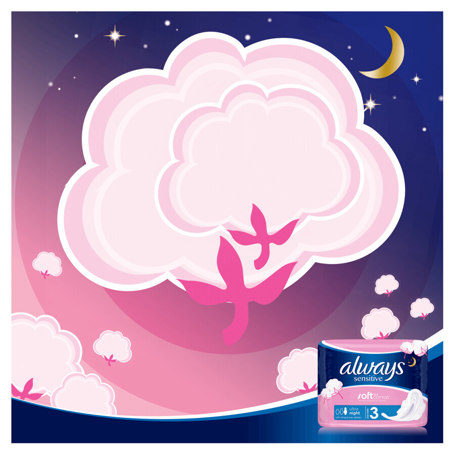 Always Ultra Night Sensitive, serviettes hygiéniques avec ailettes, 14 pièces