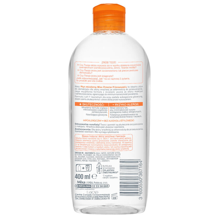 Mixa Anti-Dryness, fluido micelar, piel seca, 400 ml