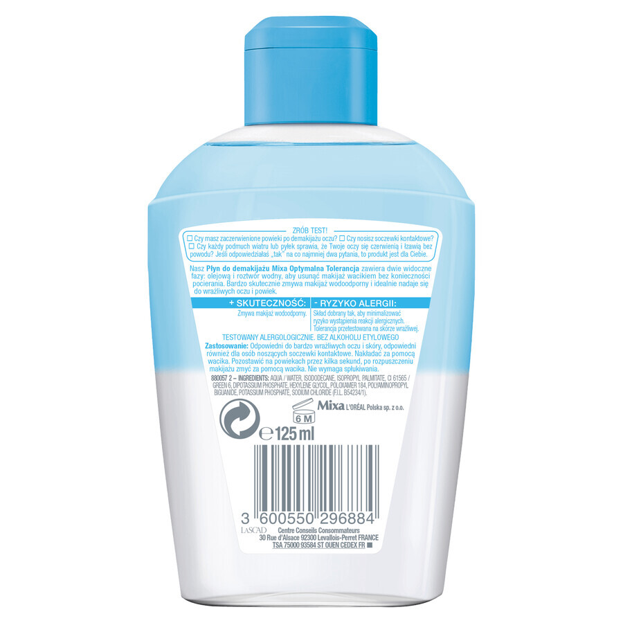 Mixa Optimal Tolerance, desmaquillante de ojos bifásico, ojos muy sensibles, 125 ml