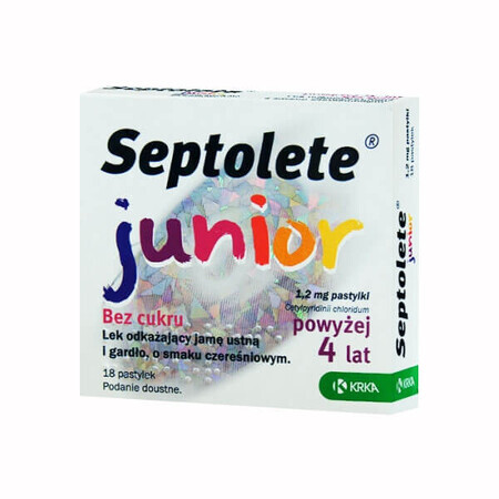 Septolete Junior 1,2 mg, para niños mayores de 4 años, sabor cereza, 18 pastillas para chupar