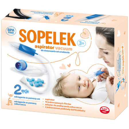 Sopelek 3+, aspirador nasal, desde el nacimiento, aspiradora + adaptador + filtros aspirador, desechable, 10 piezas + compresas higiénicas, 2 piezas