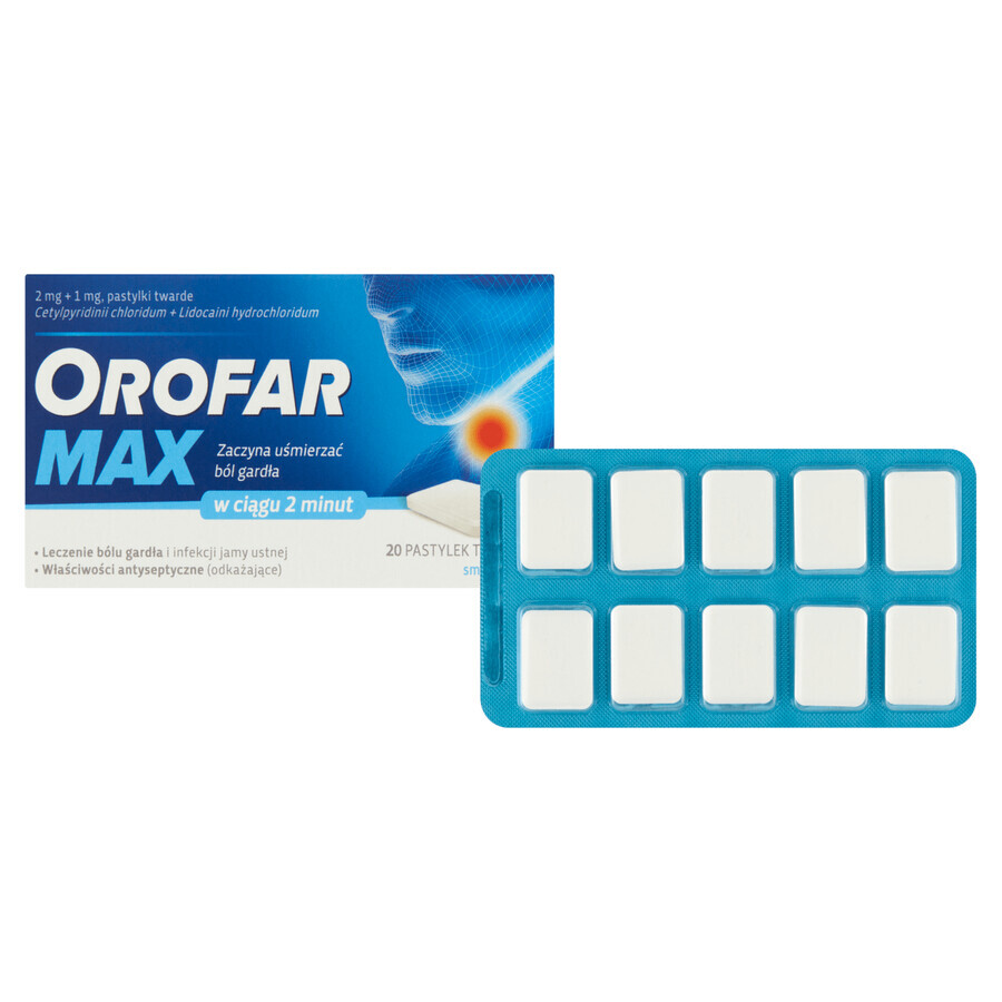 Orofar Max 2 mg + 1 mg, sabor menta, 20 pastillas duras