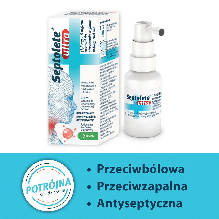 Septolete Ultra (1.5 mg + 5 mg)/ml, oral spray, solution, 30 ml