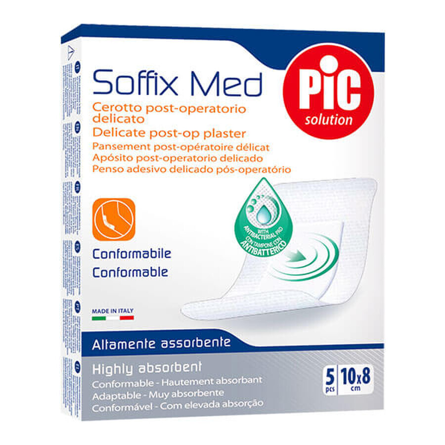 Pic Solution Soffix Med, esparadrapo antibacteriano postoperatorio, 8 cm x 10 cm, 5 piezas