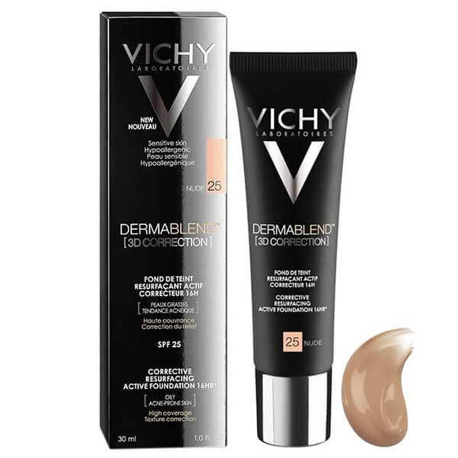 Vichy Dermablend Correction 3D, fond de ten pentru nivelarea suprafeței pielii, Nr. 25, Nude, 30 ml