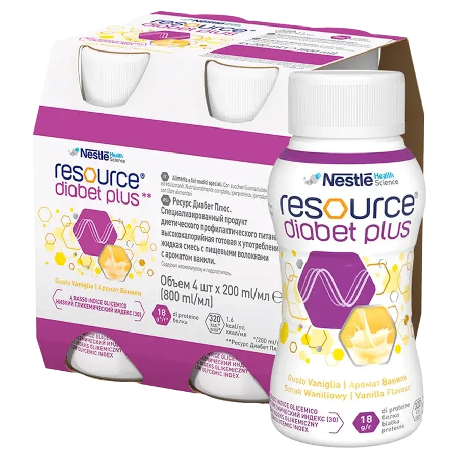 Resource Diabet Plus, saveur vanille, 4 x 200 ml